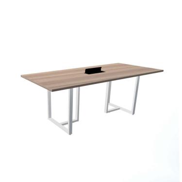 Imagem de Mesa De Reunião Com Caixa De Tomada 200 X 90 Cm Pé Tubular Pe25 Em Mdp Noce Naturalle Base Branca