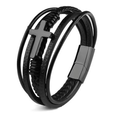 Imagem de Pulseira masculina de couro cruzada, punho trançado de vários fios com fecho seguro, joia de fé cristã para ele., One Size, Material misto, Sem Pedra Preciosa