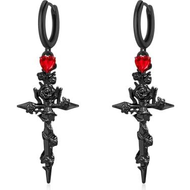 Imagem de unixmoment Brincos de argola feitos à mão com cruz de prata gótica e flor de rosa, pingente de espada de coração de cristal brilhante para mulheres, Large, Metal, Sem pedra preciosa