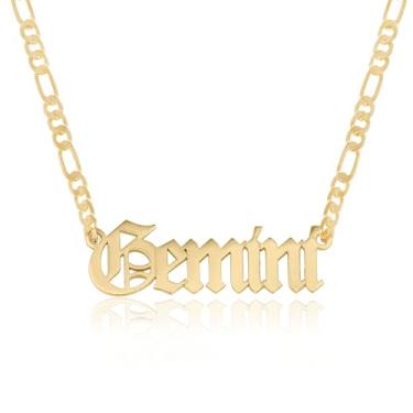 Imagem de Colar com nome do zodíaco para mulheres – placa de identificação gótica em inglês antigo na corrente Fígaro – 12 signos de astrologia e horóscopo, Medium, Banhado a ouro, Sem Pedra Preciosa