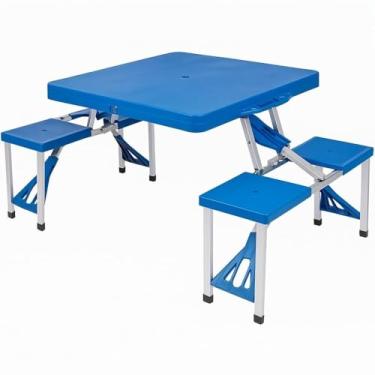 Imagem de Mesa de Camping Dobrável em Alumínio com 4 Banquetas,Mesas Dobráveis, Mesas de Jantar Portátil, Azul