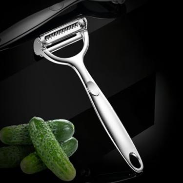 Imagem de Descascador de legumes multifuncional 2 em 1 e fatiador Julienne, lâmina dupla de aço inoxidável para batatas, cenouras, pepinos, descascador ergonômico de cozinha.