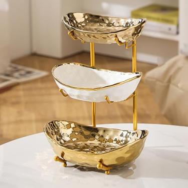 Imagem de YYW Tigela de frutas de 3 camadas com tigelas de cerâmica galvanizada e suporte de metal para cozinha, bancada de sala de estar, suporte de exibição de frutas e lanches para frutas, bolos, pão