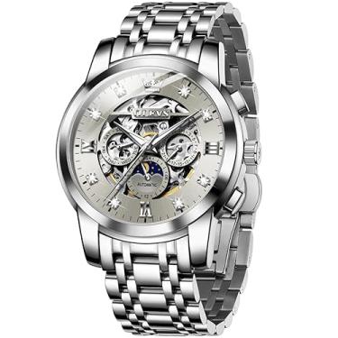Imagem de Relógio masculino automático de esqueleto de luxo com diamantes, mecânico, de aço inoxidável, à prova d'água, fase da lua e luminoso, Prata e cinza