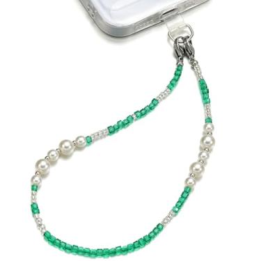 Imagem de TRBR Pulseira de cristal verde e pérola para celular, cordão de contas de vidro, pulseira elegante com mãos livres para iPhone e mais capas de celular
