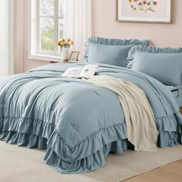 Imagem de AMBERSPACE Conjunto de edredom Queen, azul empoeirado, chique, com babados, 7 peças, cama de fazenda para todas as estações, em uma bolsa com lençóis, fronhas e fronhas