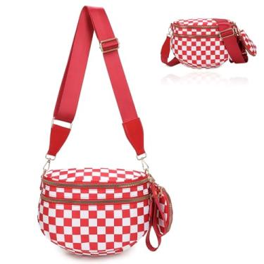 Imagem de Bolsa transversal quadriculada para mulheres, espaçosa bolsa xadrez de nylon com carteira removível, alça ajustável, pochete de grande capacidade, Vermelho e branco, One Size, Xadrez