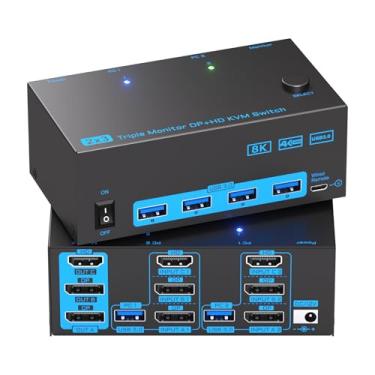 Imagem de Reyoten Interruptor KVM, interruptor USB HDMI DP 8K, 3 monitores, 2 PCs, interruptores KVM com 2 portas USB3.0, hub 4K para 2 PCs, compartilhe monitor, teclado e mouse impressora com 2 cabos USB