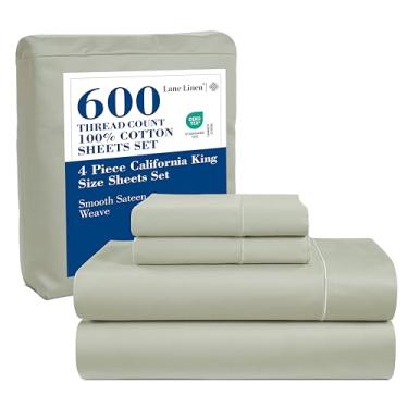 Imagem de LANE LINEN Jogo de lençol Queen – 600 fios premium macio e longo grampeado 100% algodão, acabamento sedoso acetinado de luxo de hotel, ajuste confortável, bolso profundo de 38 cm, baixa pill, lavável