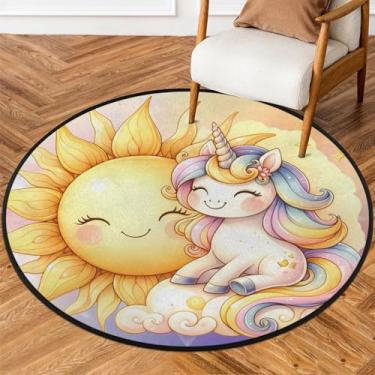 Imagem de Tapete redondo de 1,5 m de sol, dourado, unicórnio, macio, antiderrapante, lavável, tapete circular para quarto, berçário, sala de estar, cozinha, banheiro, entrada, decoração de casa