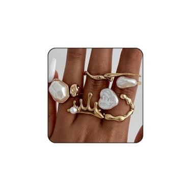 Imagem de INENIMARTJ Conjunto de anéis de ouro para mulheres empilháveis moda irregular barroco pérola vulcânica anéis abertos empilháveis de ouro conjunto de anéis grossos para mulheres, Imitação de pérolas