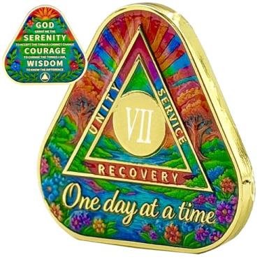 Imagem de One Day at a Time Serenity Prayer Sobriety Coin Sunrise AA Medalhão Unity Service Recovery Chip Presente Inspirador para Recuperação de Sobriedade e Cura (Moeda Triângulo Jardim Nascer do Sol, 7 Anos)