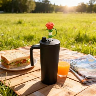 Imagem de Cobertura de palha rosa 3D de silicone, tampa decorativa para tampa de copo, acessório de bebida à prova de poeira para copos, copos (ORG, canudo aleatório)