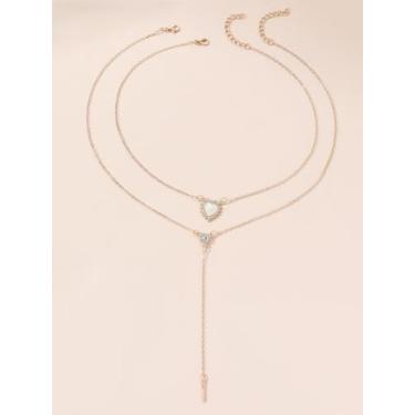 Imagem de Colar feminino com pedra preciosa de coração de camada dupla - Gargantilha dourada com corrente em Y - colar simples e distinto - presente moderno