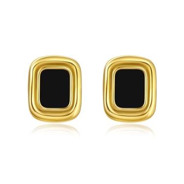 Imagem de Brincos grossos pretos e dourados para mulheres, brincos quadrados vintage, brincos pretos banhados a ouro 18 K, aço inoxidável hipoalergênico, joia geométrica, presente para ela que não mancha