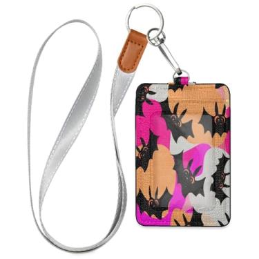 Imagem de Wassud Black Bats Porta-crachá de couro PU com cordão, porta-cartão de identificação para trabalho, cordão de pescoço com compartimentos para cartões de crédito, funcionários, estudantes, 40 cm