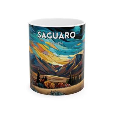 Imagem de Scacco Matto Caneca Saguaro Sunset – Cena noturna de acrílico abstrato, Parque Nacional do Deserto do Arizona, copo de cerâmica de 325 ml