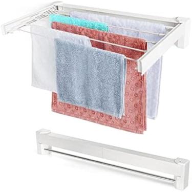 Imagem de Varal de roupa, compacto, dobravel, cinco varetas, retratil, lavanderia, util, branco, perfeito.