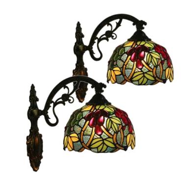 Imagem de Conjunto de 2 arandelas de parede estilo Tiffany com uvas, 20 cm de largura, vitral, para corredor, luminária vintage para sala de estar, quarto e hall de entrada.