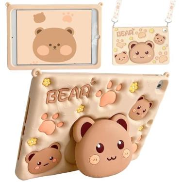 Imagem de Vorhcaum Capa de silicone para iPad mini 6 2021/Mini 7 2024 (A17 Pro) para crianças, meninas, fofo 3D Kawaii Cookie Bear com alça de ombro com suporte de urso 3D para mini 6ª/7ª geração, 21.1 cm