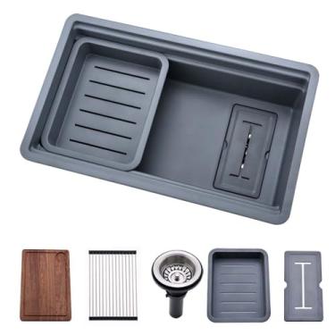 Imagem de Pia de cozinha subterrânea de 76 cm - Wesliv Pia de cozinha de 76 x 45 cm com bordas duplas cinza embaixo da pia da estação de trabalho Pia de cozinha profunda com tábua de corte