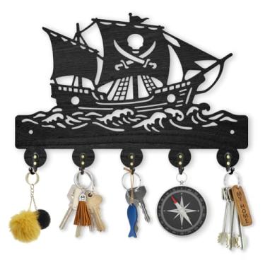 Imagem de MAYJOYDIY Suporte de chave de madeira para navio pirata, gancho de chave de onda do mar para parede, esqueleto de 29 x 19 cm, suporte decorativo de parede com 5 ganchos de liga para entrada, cozinha