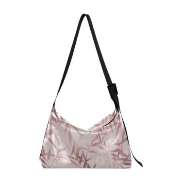 Imagem de White Daisy Leaves Hobo Bolsas femininas de couro grandes masculinas bolsas de ombro com estampa de folhas modernas, Folha de bananeira tropical ouro rosa