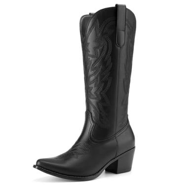 Imagem de Athlefit Botas femininas caubói, salto grosso, bico fino, bordado, ocidental, cano médio, Preto, 40