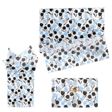 Imagem de 30 Unidades Pacote com Papel de Seda Azul Estampa Tulipas para Embrulho Presentes, 50x35cm Papel Decorativo para Aniversários Casamentos Chás Bebê Buquês de Flores e Artesanato
