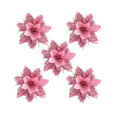 Imagem de Flores Artificiais Com Glitter Rosa Para Decoração De Árvore De Natal,