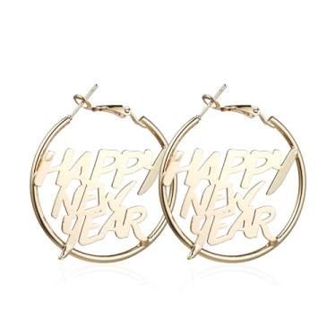 Imagem de Brincos de argola de feliz ano novo para mulheres, ouro, prata, letra de ano novo, argolas vazadas, festa de ano novo, férias, joias modernas, presentes, Small, Zinco, Sem pedra preciosa