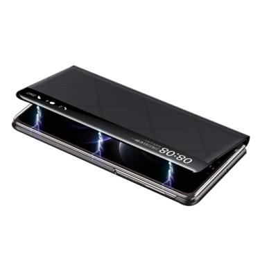 Imagem de POYUFRG Capa flip para Huawei Mate X7, capa de proteção com fecho magnético de janela de visualização inteligente de couro fino suporta capa de carregamento sem fio, preta, Mate X7
