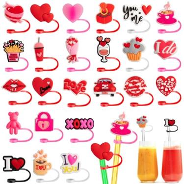 Imagem de 24 peças de topo de palha para o dia dos namorados, tampa de palha em forma de coração de 8 mm para copos, tampa de ponta reutilizável com lábios vermelhos rosa e canudos, presentes divertidos para