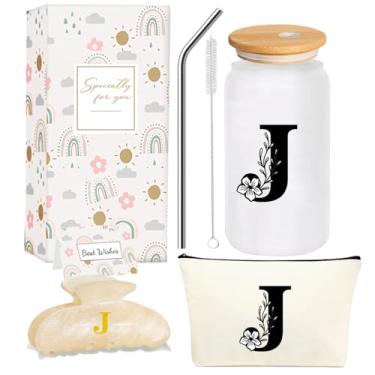 Imagem de 4MELLY Copo de vidro com inicial monograma, presentes personalizados para mulheres, copos de vidro de 473 ml, canudos, aniversário, Natal, Dia das Mães, presente para ela