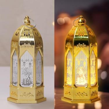 Imagem de ALIBBON 2 peças de lanterna de Ramadã pequena vela dourada lanternas decorativas suspensas Eid Mubarak Moon Castle Lanternas decorações de Ramadã para decoração de mesa interna e externa