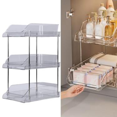 Imagem de POCREATION Organizador de Pia de 3 Camadas, Prateleira de Armazenamento Removível Com Gavetas Transparentes e Suporte de Aço Inoxidável, para Organização de Despensa de Banheiro de (Prateleira de 3