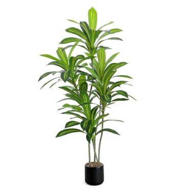 Imagem de Árvore Dracaena artificial 1,8 m de altura, planta de piso artificial realista para decoração de casa e escritório, vaso redondo preto com pedras decorativas – UPBUD