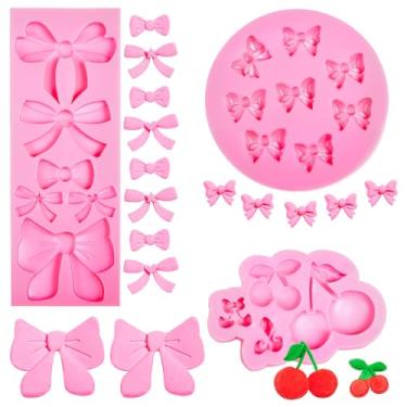 Imagem de Geiserailie Conjunto de moldes de silicone de cereja e laço para fondant de chocolate para decoração de cupcake, suprimentos de panificação para artesanato de bolo, chiclete
