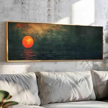Imagem de 1 peça impressão de arte em tela com paisagem do pôr do sol do oceano retrô boêmio | Pôster de arte de parede sem moldura, presente ideal para escritório em casa. (Observação: sem moldura), 30 x 90 cm