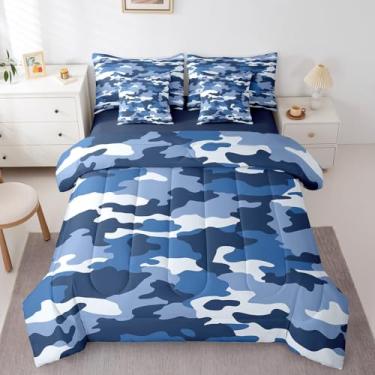 Imagem de Erosebridal Conjunto de edredom King com camuflagem azul, tamanho king, camuflagem militar, 7 peças, reversível, rústico, todas as estações, com edredom, lençóis, fronhas e fronhas