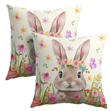 Imagem de Capas de almofada de coelho da Páscoa 50 x 50 cm conjunto de 2 capas de almofada quadradas de linho de algodão fofo primavera colorida floral tema de Páscoa fronha decorativa para casa banco sofá