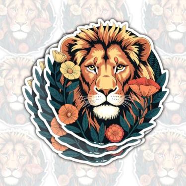 Imagem de Adesivo floral de leão, 3 peças, arte de animais selvagens, flores botânicas, coragem, força, ilustração inspirada na natureza, decalque de vinil à prova d'água para laptop, garrafa de água, capacete