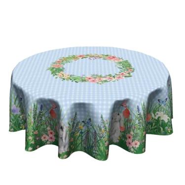 Imagem de Toalha de mesa redonda de coelhinho da Páscoa e flores 152 cm azul buffalo, xadrez, floral, capa de mesa lavável, primavera, Páscoa, círculo, decoração para jantar, cozinha, festa, piquenique, casa de