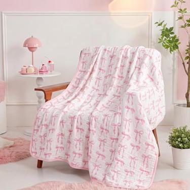 Imagem de SmoothNovelty Cobertor de musselina 100% algodão laço rosa grande 127 x 152 cm - 4 camadas macio leve respirável gaze musselina cobertor para sofá, manta de algodão estética coquete para mulheres