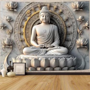 Imagem de FENDROM Tapeçaria vintage de Buda sentado na parede, tapeçaria de estátua budista, meditação, lótus, decoração de parede, psicodélico, indiano, arte zen para quarto, sala de estar, decoração de casa