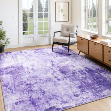 Imagem de RELEANY Tapetes laváveis 1,2 m x 1,8 m, antiderrapante, moderno, abstrato, macio para sala de estar, entrada, quarto, berçário, estampa impressa, roxo, cinza, rosa, branco