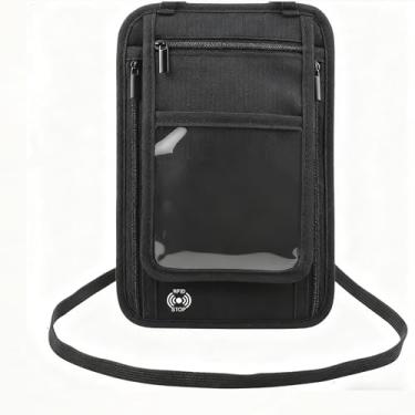 Imagem de Bolsa carteira de passaporte de pescoço organizador de documentos bolsa para cartões de crédito (preto)