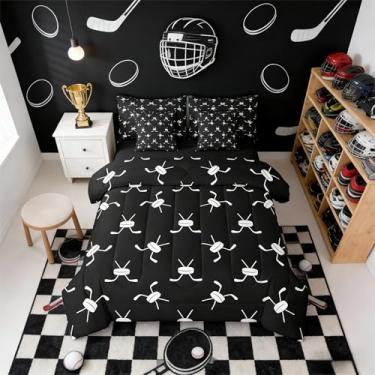 Imagem de Erosebridal Jogo de cama Queen com desenho animado de hóquei no gelo, conjunto de 7 peças, com lençóis, esportes no gelo, preto e branco, para crianças, meninos e adolescentes