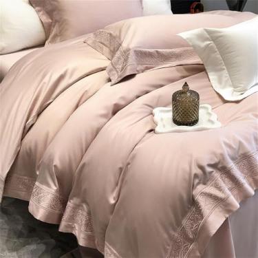 Imagem de Conjunto de cama natural e suave para a pele, com bordado na borda larga, incluindo capa de edredom, lençol e fronha (4 peças), nas cores cinza e rosa, e lençol de baixo com elástico (1,5 m).