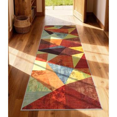 Imagem de YIHOUSE Tapete de corredor marrom 5 x 15 cm para corredor, tapete geométrico laranja queimado antiderrapante, tapetes de fazenda lavável, tapetes vintage bordô, tapete boho para cozinha